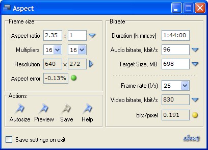 kalkulator Aspect - racunanje Qf (bits/pixel)