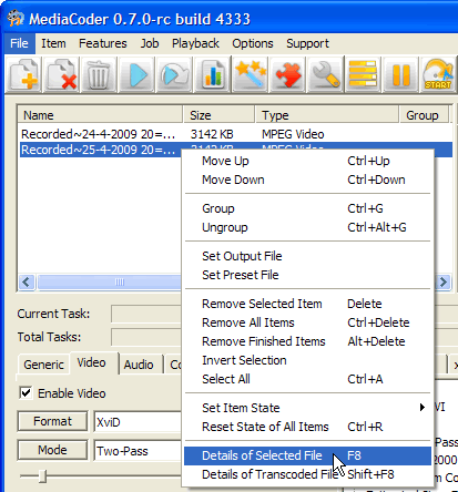 MediaCoder - details of selected file
