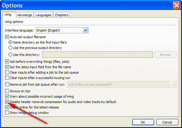 MKVToolNix - mkvmerge GUI - Options - Disable header removal compression for audio and video tracks by default